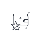 A minimalist black line icon depicting a wallet with a star rating overlay, set against a solid white background.